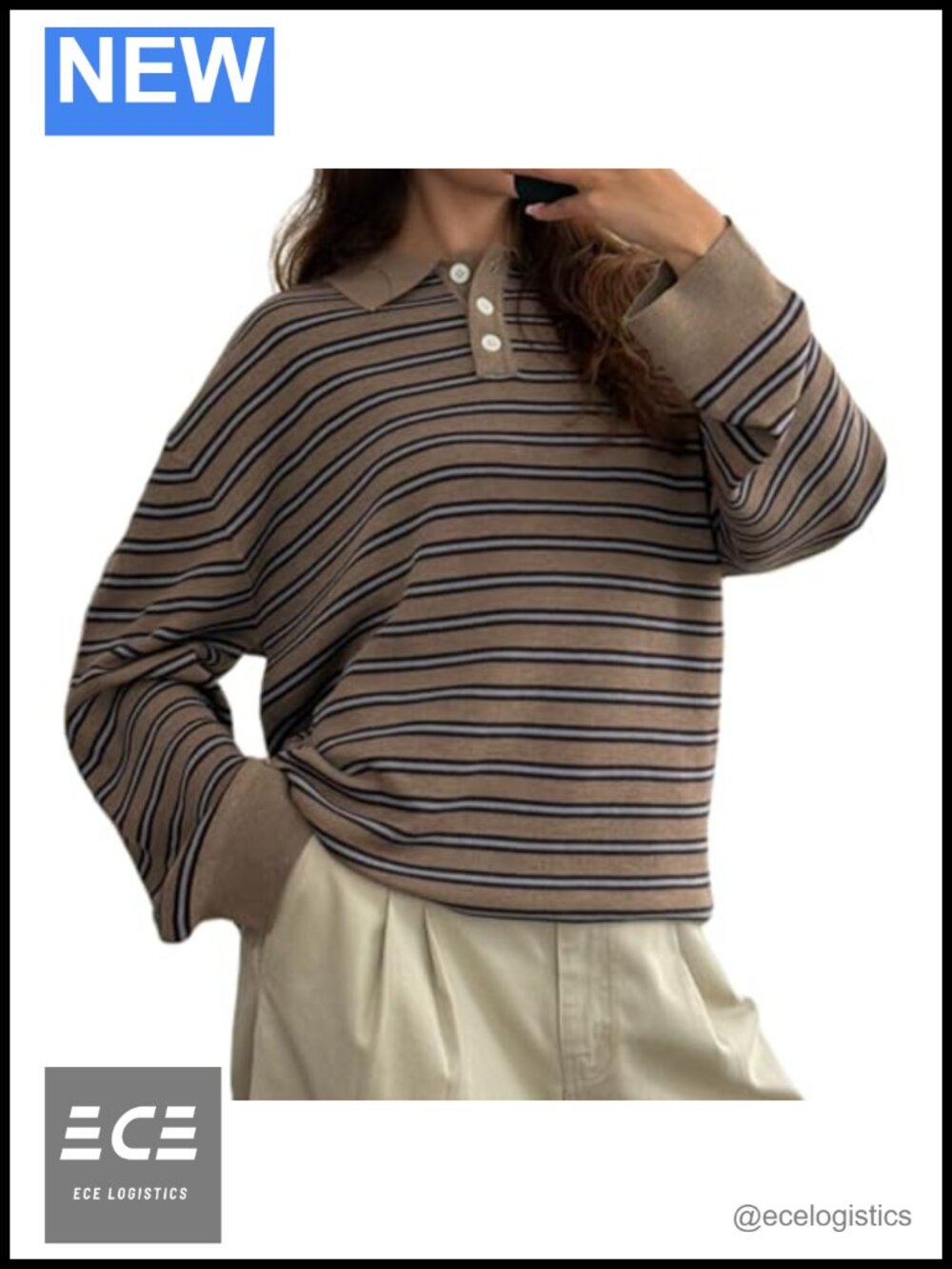 Oversized Rugby Polo Sweatshirt Long Sleeve Striped Pullover Preppy Top